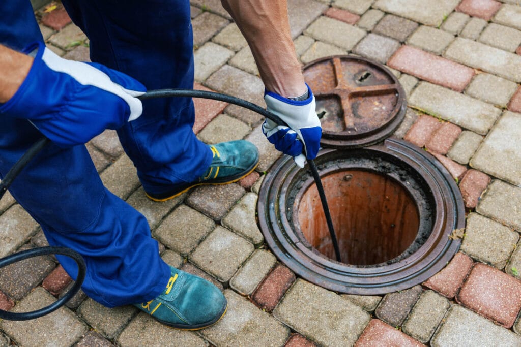 Technicien debouchage-vidange-hautes-pyrenees nettoyant une canalisation urbaine sur voie pavée à Tarbes