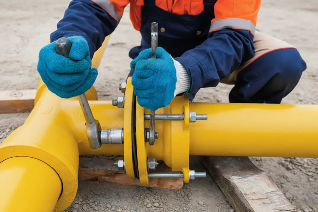 Technicien debouchage-vidange-hautes-pyrenees serrant un raccord de conduite de gaz à Tarbes