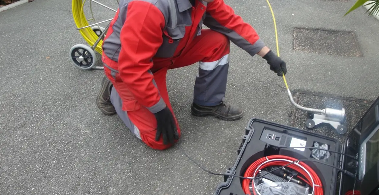 Technicien debouchage-vidange-hautes-pyrenees inspectant réseau souterrain avec caméra depuis un regard à Tarbes