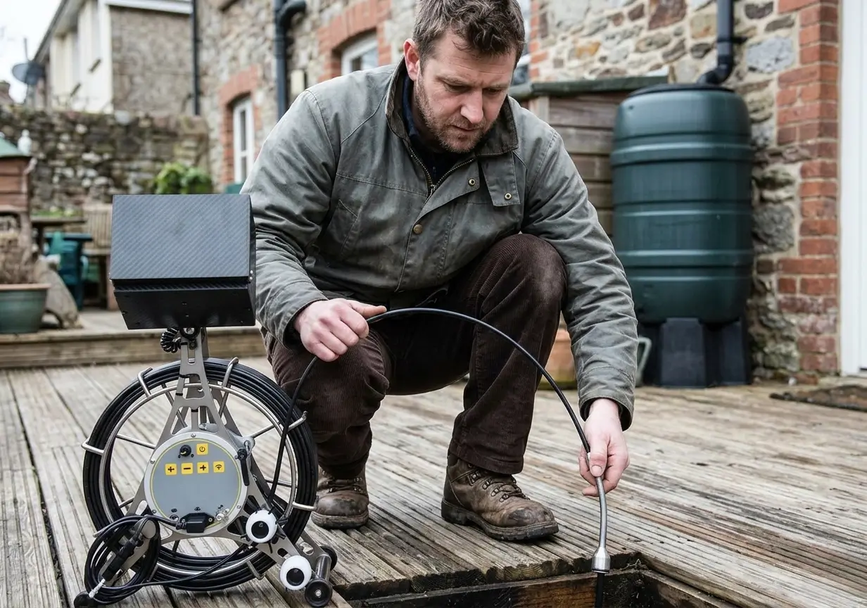 Technicien debouchage-vidange-hautes-pyrenees inspectant canalisation en terrasse avec caméra endoscopique à Tarbes